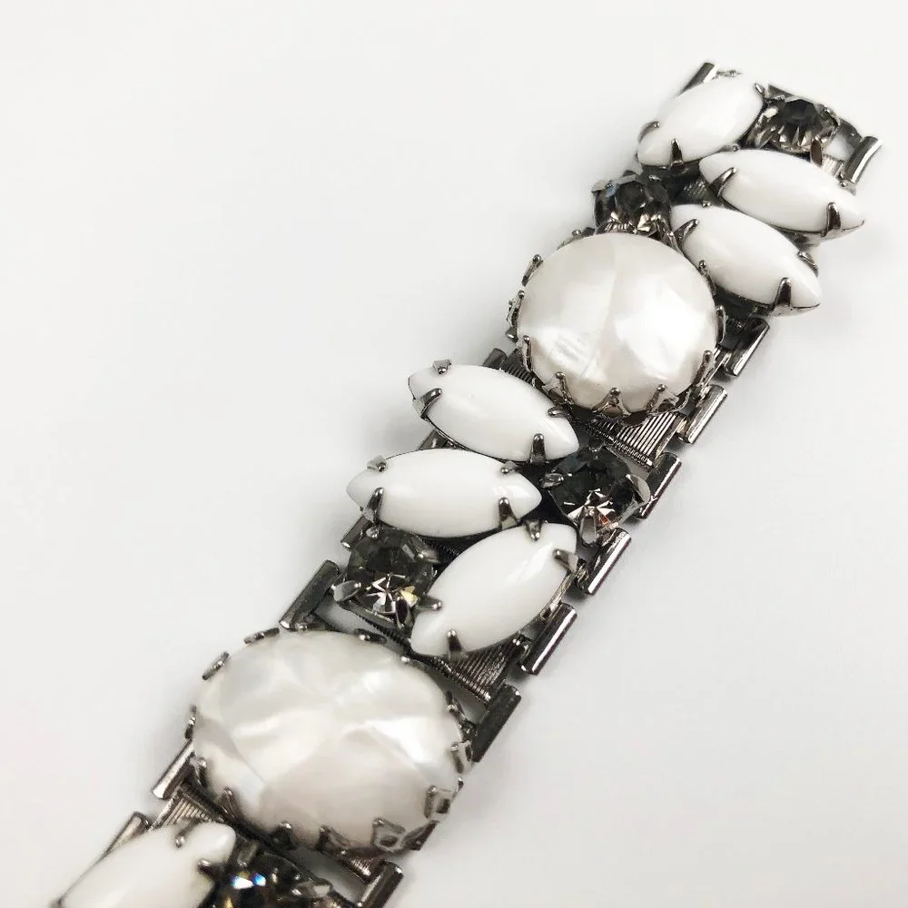 White rhinestone wide bracelet, accent silver mesh bracelet large fancy crystal